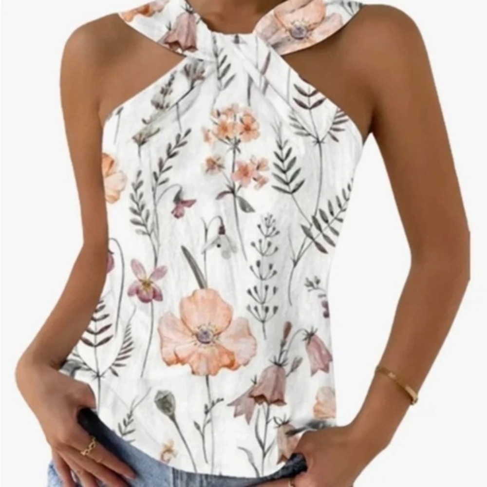 NWT Womens Sleeveless twisted floral tank top Sz Med Pink Peach Fairy‎ Pixie Fun